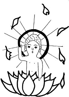 line drawing of Sakyamuni Buddha in lotus